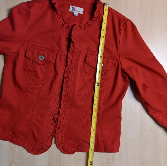 SHE Red Ruffle Tencel/Cotton Blend Open Jacket - Picture 7 of 9